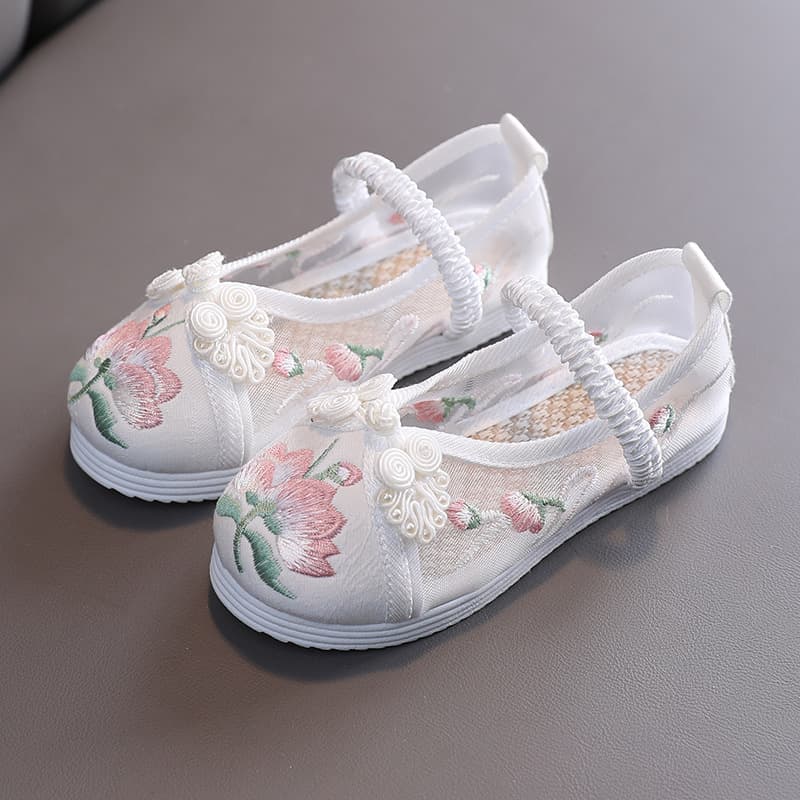 Hanfu Girls' Embroidered Mesh Sandals Retro Embroidery Ethnic Style Old Beijing Children's Performance Cloth Shoes Wholesale