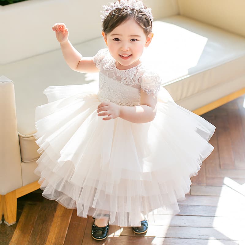 Korean version of high-waisted children's one-year-old white princess dress, flower girl wedding dress, female tutu skirt, gauze skirt, performance dress, female