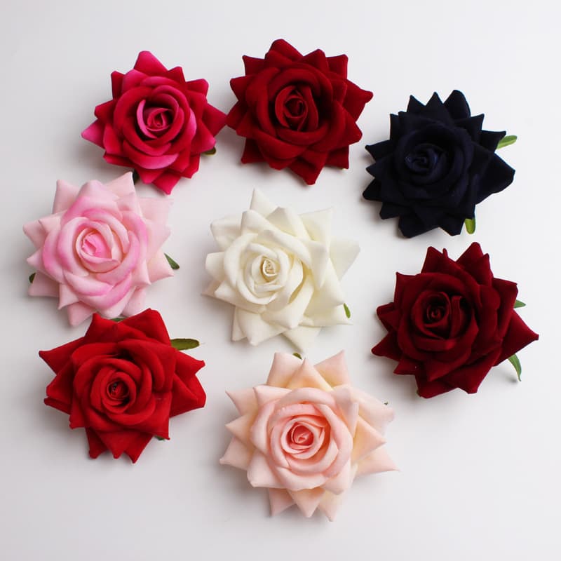 Premium Velvet Rose Artificial Flower Head 10cm Large Velvet Rose Round Fan Flower Head Factory Wholesale