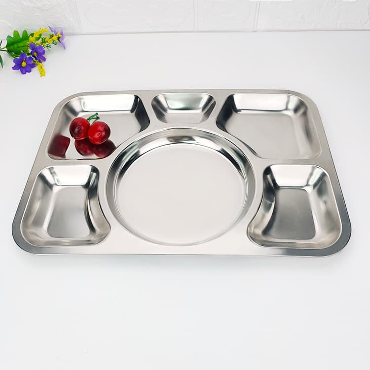 Stainless Steel 6-Compartment Cafeteria Tray for Adults, Canteen Restaurant Rectangle Metal Tray, Cross-Border Stock