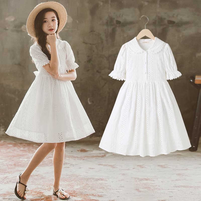 Summer Cotton Princess Dress for Girls White Embryo Dyed Doll Collar Long Sleeve Soft Fabric Children's Clothing Korean Style