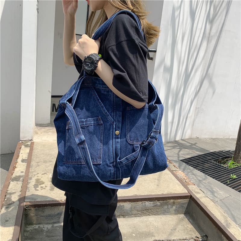Retro portable shopping bag large capacity casual denim bag college style Harajuku canvas shoulder bag crossbody bag large bag
