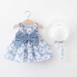 A749 Summer New Baby Girl Tank Dress Princess Dress Ages 1-4 Large Bow Chest Floral Dress with Hood