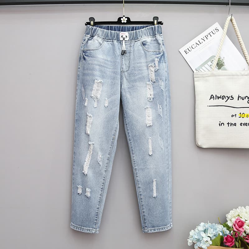 Plus Size Women's Loose Harem Pants, Capri Length, Ripped, High-Waist, for 200 lbs, New Style