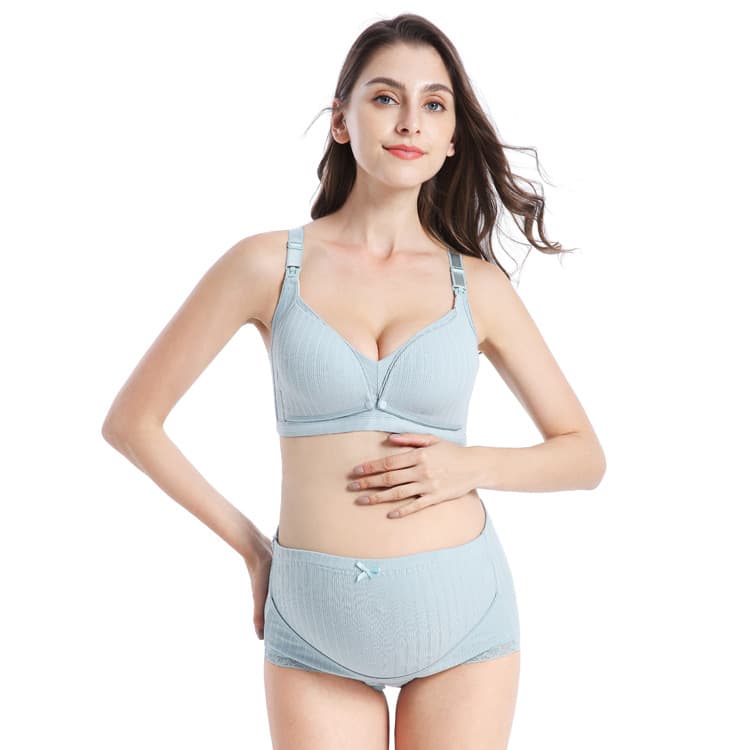 High-Waist Ribbed Maternity Underwear Set with Double Buckle Nursing Bra, Thin Style, Anti-Exposure Breastfeeding Bra Set
