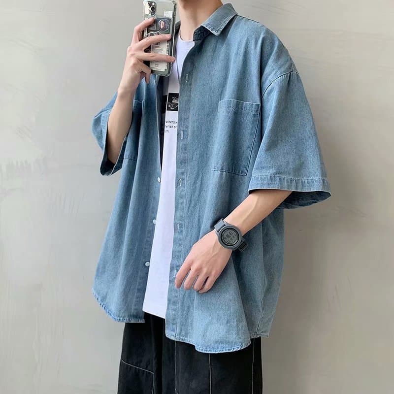 Summer Trendy Denim Short Sleeve Shirt for Men, Loose Fit Korean Style Casual Jacket Top