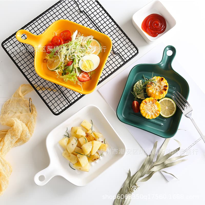 Nordic hand plate creative oven plate baked rice plate home breakfast baking plate ceramic dish plate with handle salad plate