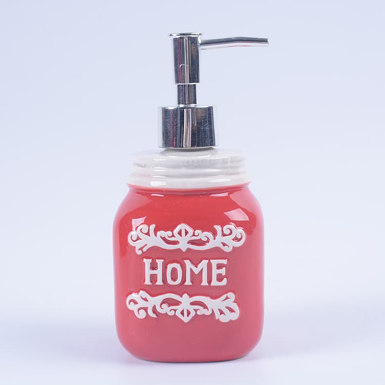Embossed Red Ceramic Lotion Bottle Manufacturers Produce Ceramic Bathroom Set Bath Bottle Hand Sanitizer Bottle