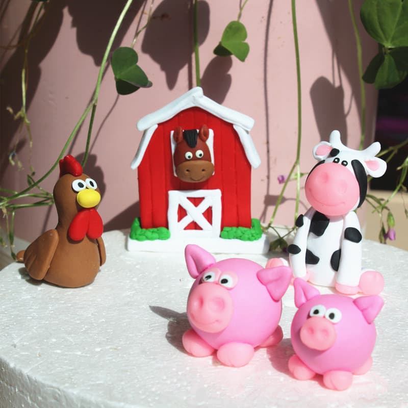 Children's Ranch and Countryside Birthday Cake Ornament, Cow and Pig Polymer Clay Plugin, Happy Farm Cake Plugin