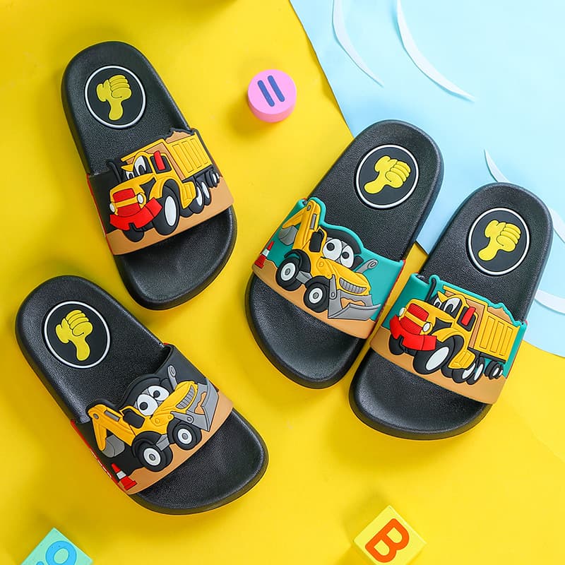 Summer boys' non-slip bathroom slippers earthmoving cart cartoon cute small, medium and large children's indoor slippers