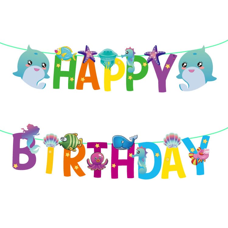 Underwater Animal Birthday Party Decoration Banner Shark Happy Birthday Bunting Flag Wholesale