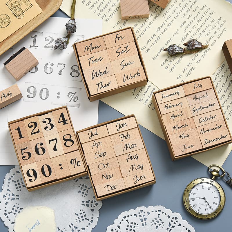 Wooden Rubber Stamp Weekly Monthly Date Handmade Decorative Lotus Wood Combination English Seal Square Shape for Diary Journal