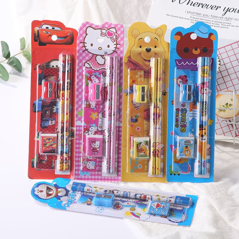 Student Cartoon Stationery Gift Box Set 5 Pcs Pencil Crayon Eraser Ruler Pencil Sharpener School Prize Office Supplies
