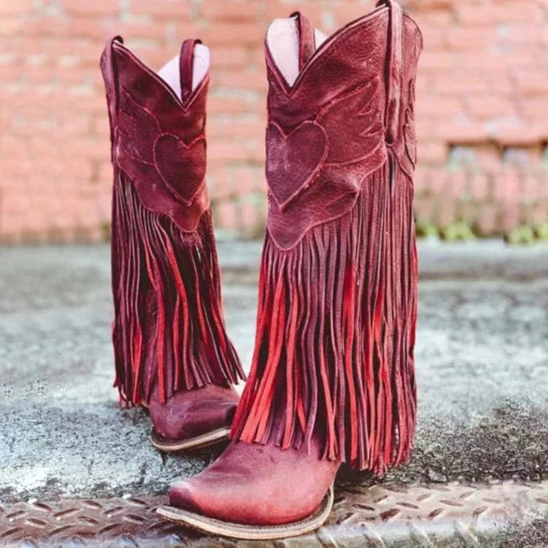 Amazon Foreign Trade Women's Shoes New European and American Retro Handmade Shoes Thick High Heel Middle Boots Pointed Tassel Boots 43