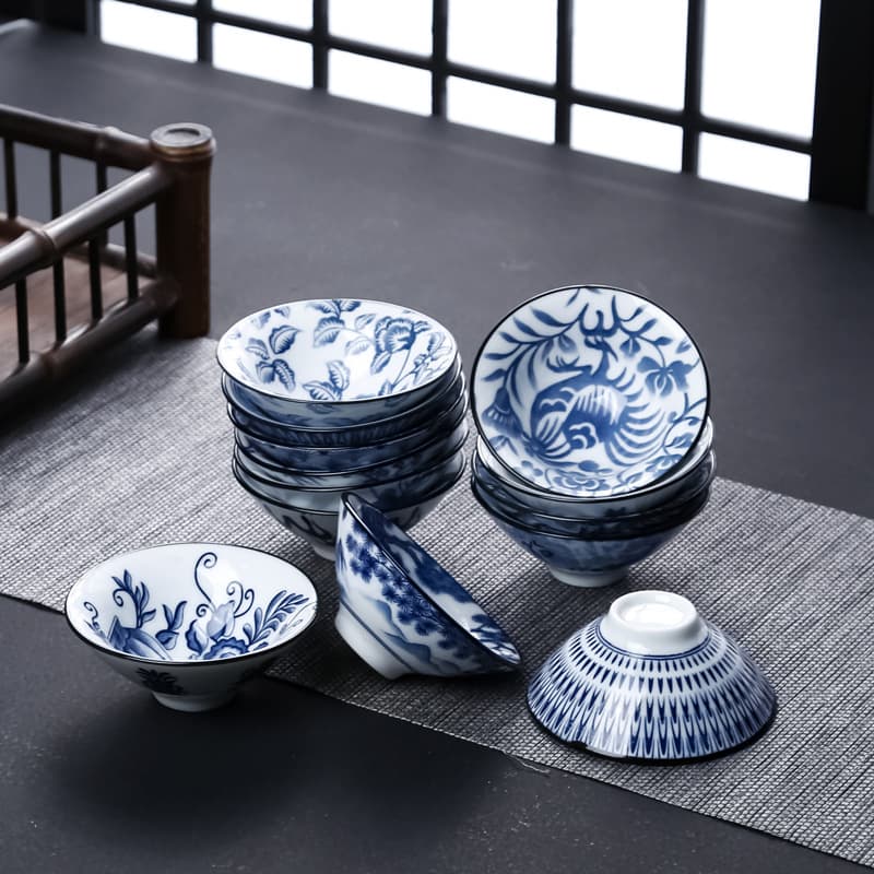 Blue and White Porcelain Tea Bowl Bamboo Hat Cup Dehua Ceramic Kung Fu Tea Set Tasting Cup Retro Small Home Tea Cup Master Cup