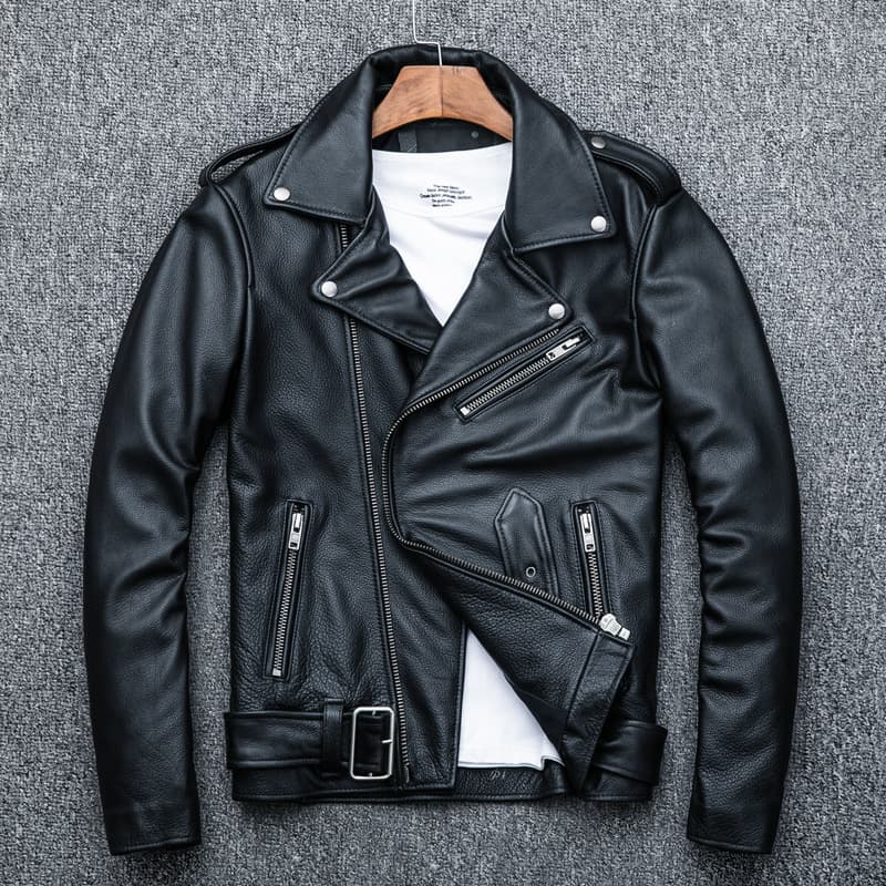 Heavyweight top-grain genuine cowhide motorcycle jacket, men's genuine leather jacket with lapel, slim fit, fashionable new arrival.