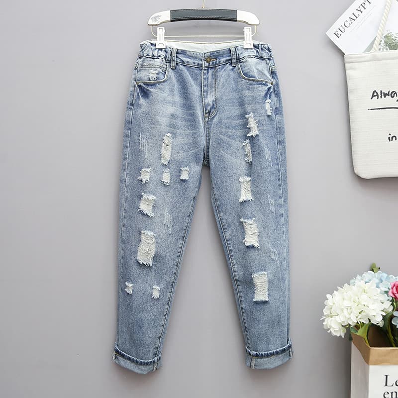 Extra Large Size Ripped Jeans Women's High Waist Slimming Loose Dad Pants Stretch Waist Harlan Bull Pants