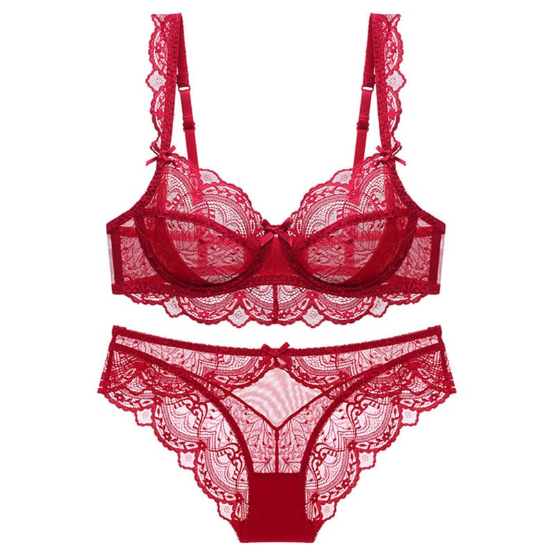 European and American Thin Style No Padding Transparent Lace Bra Set for Women, Sexy Underwear, Minimizing Effect for Large Bust