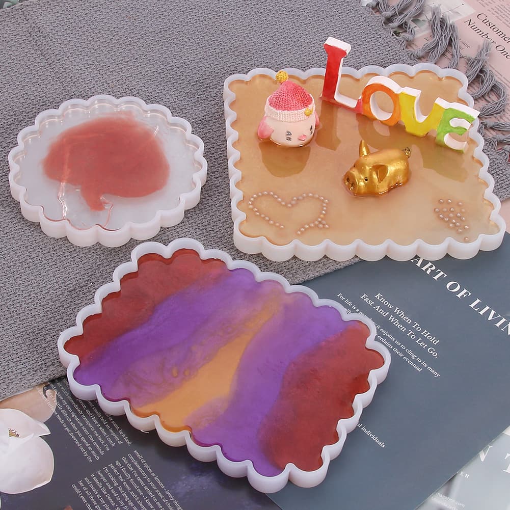 DIY Crystal Epoxy Resin Stand Lace Wave Display Square Rectangular Round Mirror Coaster Base Silicone Mold