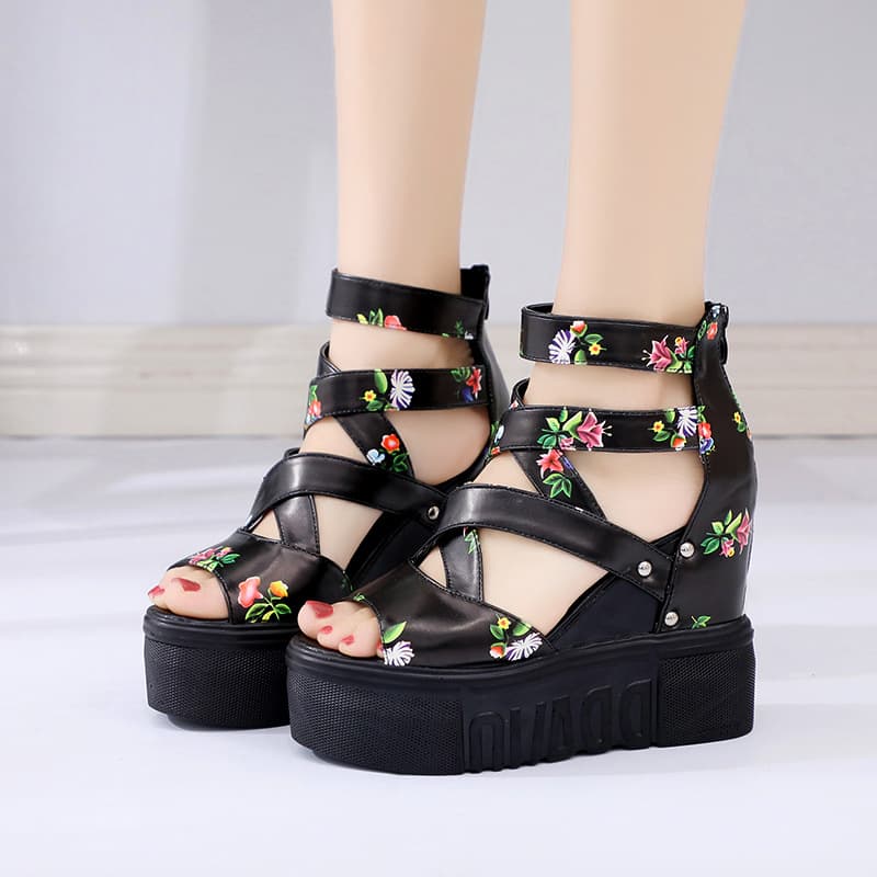 2024 Summer New Roman Sandals Women's High Heels Floral Lace Heels Platform Wedge Heels Fish Mouth Large Size Women's Shoes in Stock