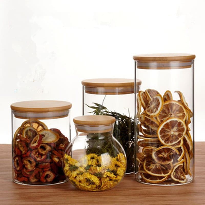 Factory Wholesale Borosilicate Glass Storage Jar with Bamboo Lid, Tea Canister, Kitchen Grain Storage Container
