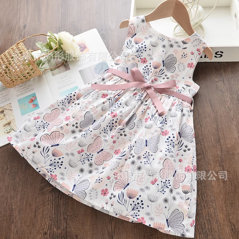 Spring Summer Girls Cotton Dress Export Cute Printed Cotton Skirt Butterfly Sleeveless Princess Dress
