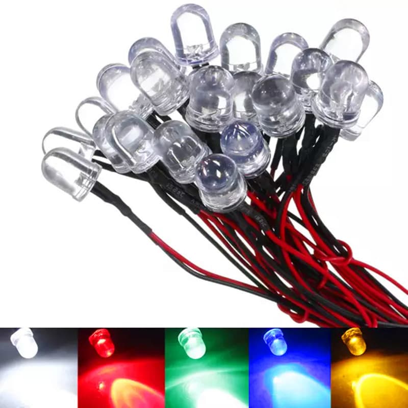 3V/6V/12V/24V wired through-hole 10mm bead soldering wire LED light emitting diode 12V 20CM wire length