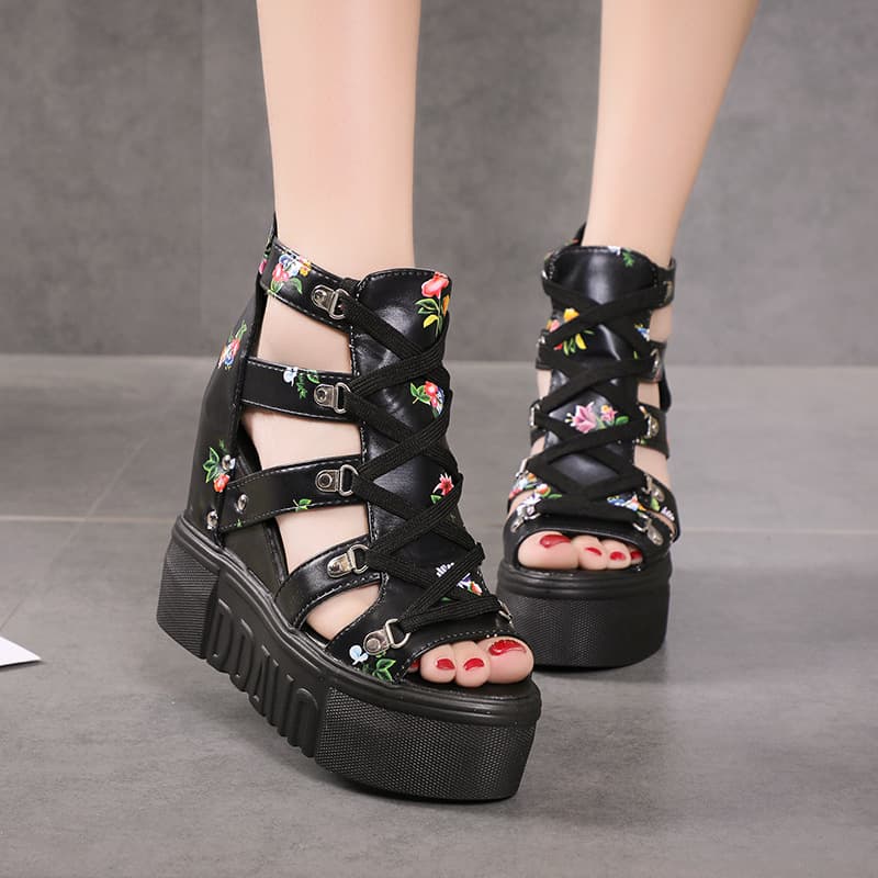 2025 New Summer Roman Sandals High Heels Color Matching Cross Strap Women's Shoes 12cm Heel Wedge Heel Fish Mouth Shoes
