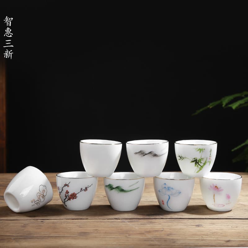 Hand-painted Ceramic Tea Cup with Gold Rim, Kung Fu Tea Set, White Porcelain Master Cup, Personal Cup, Custom LOGO