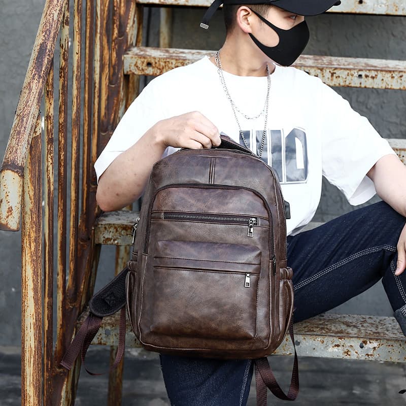 Universal Double Shoulder Backpack Suitable For Various Occasions Durable Pu Leather Material Large Capacity Storage