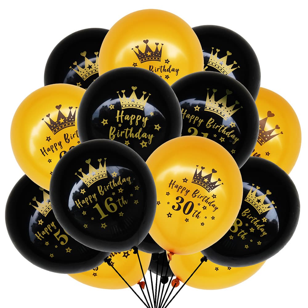 New Birthday Crown Happy 16th Birthday 21st 30th Gold Black Latex Balloon 40
