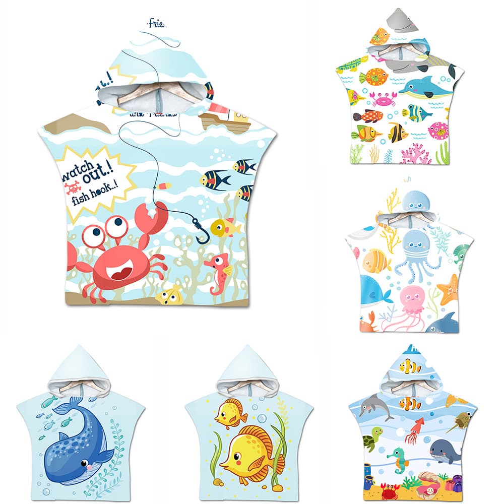 Beach Sunscreen Windproof Changing Bathrobe Children's Hooded Poncho Beach Swimming Printed Wearable Bath Towel