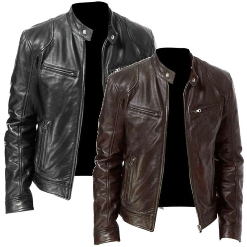 Foreign Trade Business Gentleman Zipper Cardigan Pocket Decoration PU Leather Stand Collar Slim Fit Leather Jacket Coat