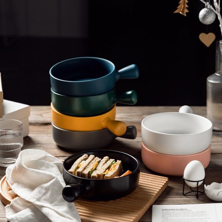 Japanese-Korean Style Ceramic Handle Bowl, Microwave and Oven Safe Rice Bowl, Home Use with Handle Noodle Bowl, Cheese Baking Bowl, Salad Bowl