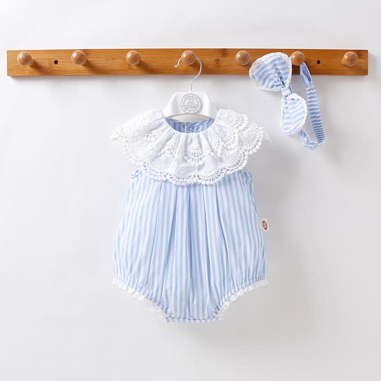 Korean Style Baby Romper 2022 Summer Short Sleeve Striped Lace Baby Suit Infant Bodysuit Baby Clothes Cotton Gauzy Baby Wrap