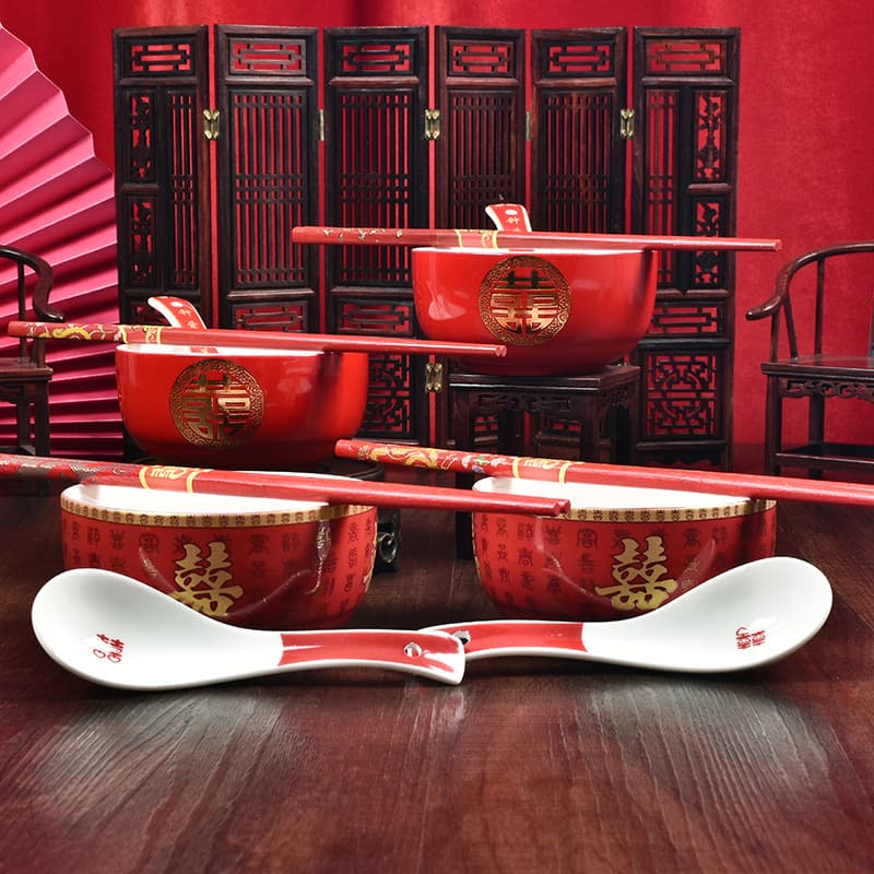 Wedding set, tea cup, Chinese ceramic bowl set, wedding supplies collection, tea set gift box, wedding bowl pair