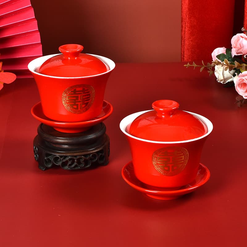 Creative Red Glazed Chinese Tea Set for Wedding Toasting, Ceramic Auspicious Bowls and Cups for Wholesale