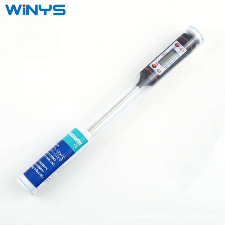 Digital kitchen food baking thermometer with electronic probe for liquids, BBQ, and milk bottle testing, model TP101