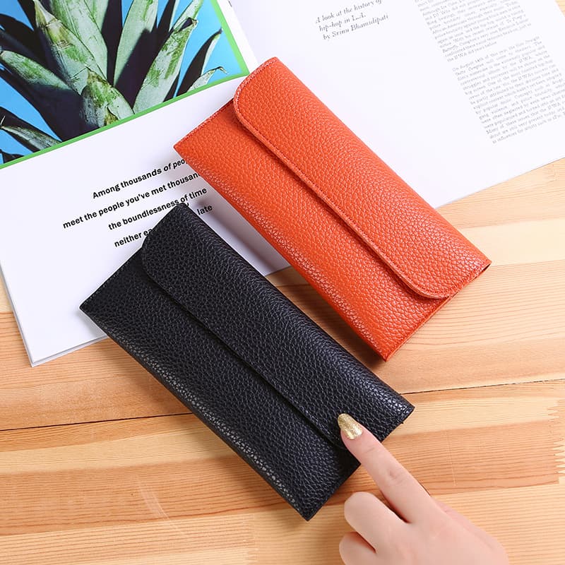 Soft Leather Long Thin Ladies Wallet Large Capacity Pure Color Lychee Pattern Mobile Phone Bag Wallet Women's Bag