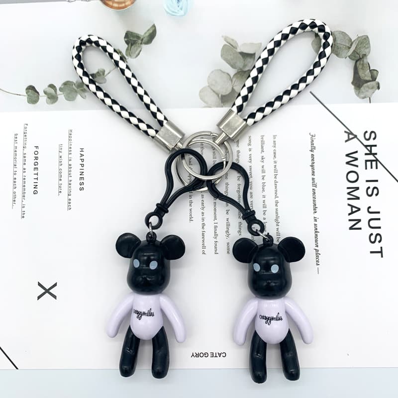 Cartoon bear keychain, black and white rope pendant, car accessories, bag charms, fashionable small gifts, wholesale creative dolls