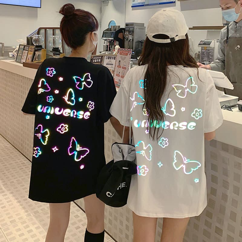 Summer 2024 New Short Sleeve Women's T-Shirt, Ins Trendy Reflective Butterfly Korean Style, Loose Fitting, Slimming, Versatile