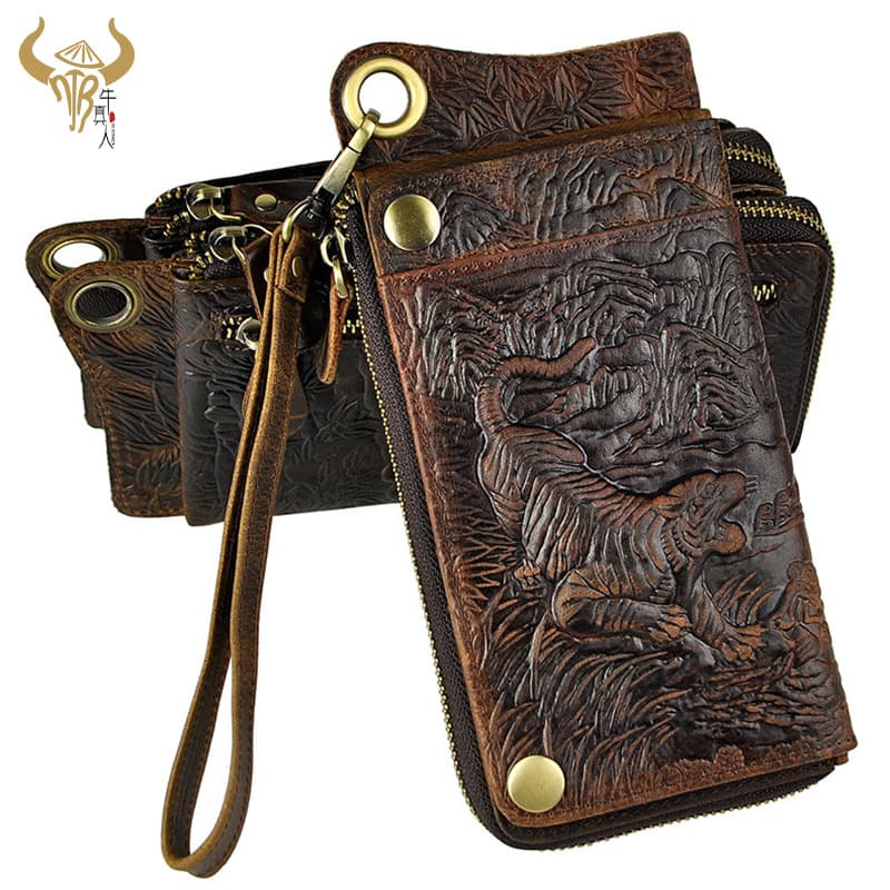 First Layer Crazy Horse Leather Men's Retro Multi-Card Slot Polished Retro Bracelet Long Zipper Wallet K001-1