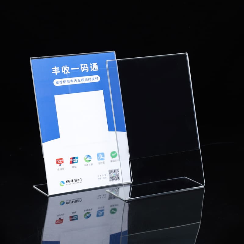 Custom L-shaped bent sign with side insert, acrylic table card, transparent A4 stand, high-transparency display table sign
