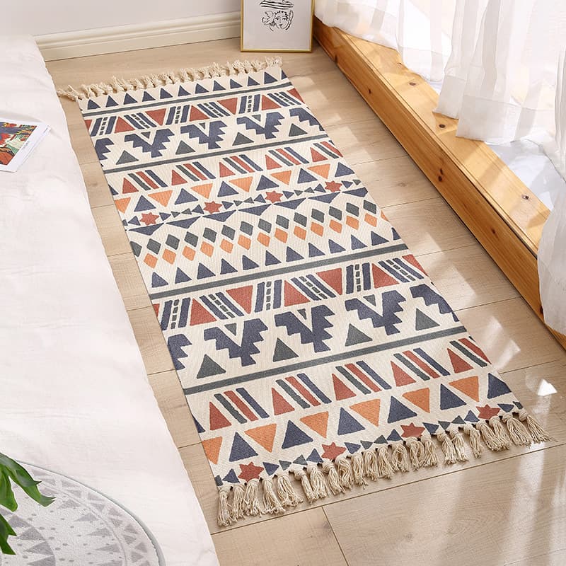 Nordic Ethnic Style Handwoven Cotton Linen Tassel Doormat Bedroom Doorway Bedside Geometric Rug Bathroom Foot Mat