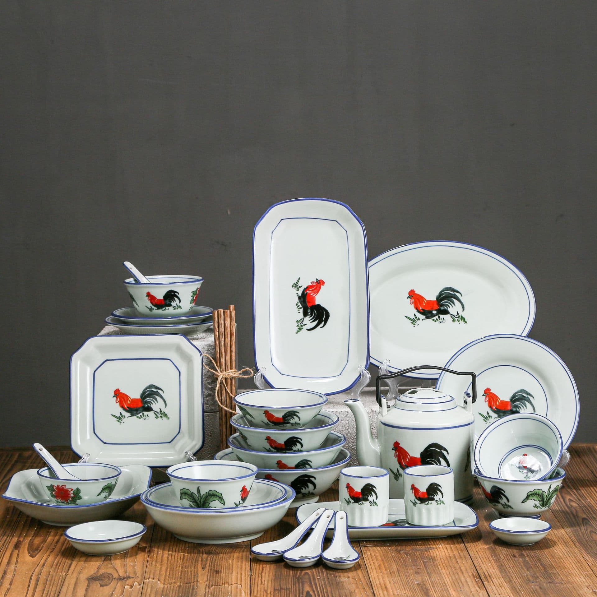 Factory Direct Supply Nostalgic Rooster Series Underglaze Antique Celadon Rooster Dish Plate Spoon Thickened Retro Rooster Bowl