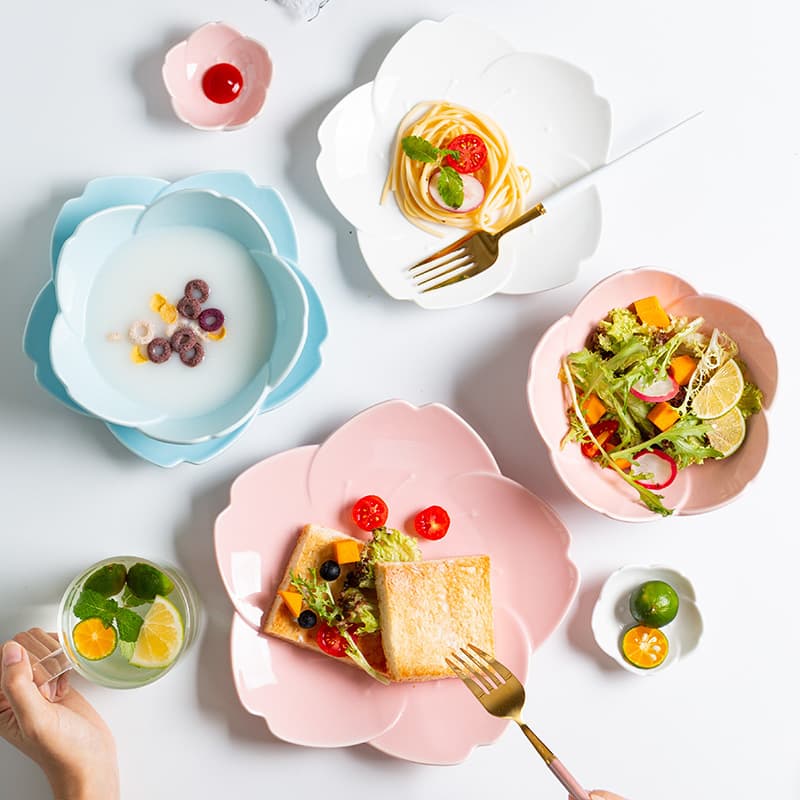 Japanese Creative Sakura Plate Ceramic Dinner Plate Home Use Vegetable Plate Fruit Dessert Plate Tableware Ins Couple Plate