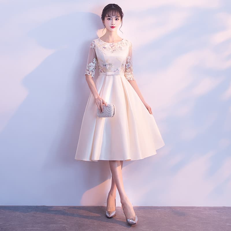 Evening dress women's mid-length 2026 new spring champagne color bridesmaid dress Chinese performance dress host evening dress
