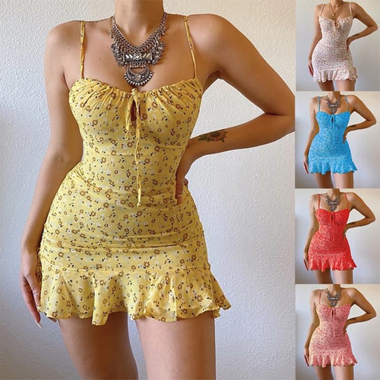 2023 New Spring Summer Amazon Independent Station Women's European and American Sexy Floral Print Halter Dress with Chest Hollow Out