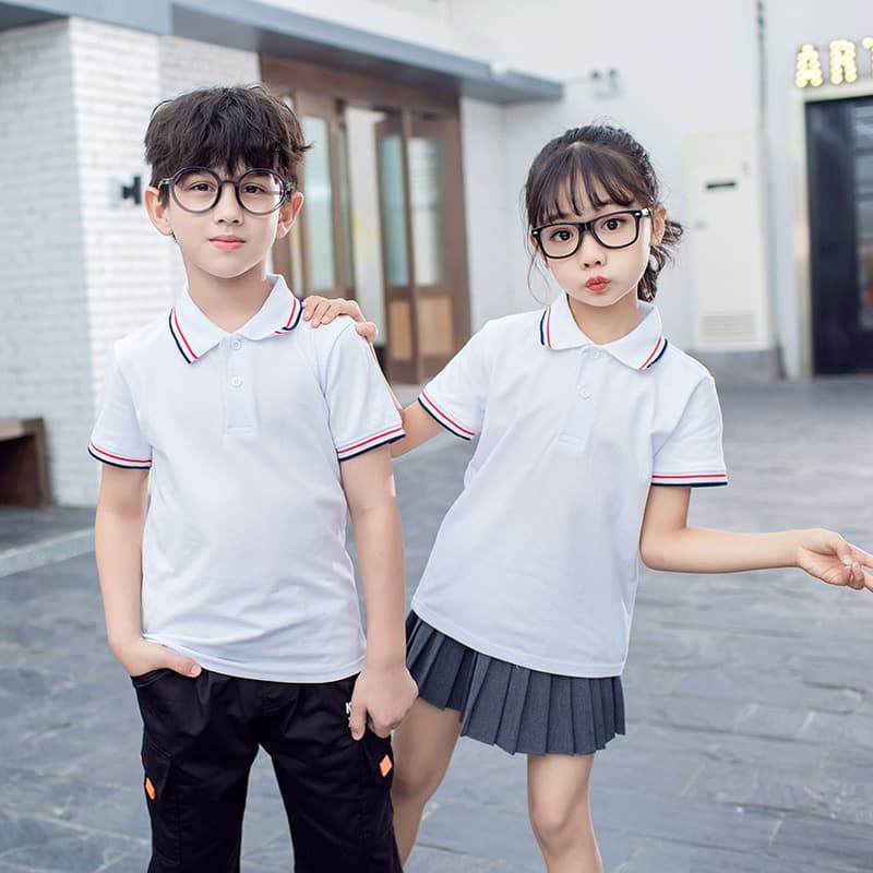 White Short Sleeve Primary School Summer Uniform Kids Cotton Polo Shirt for Boys and Girls
