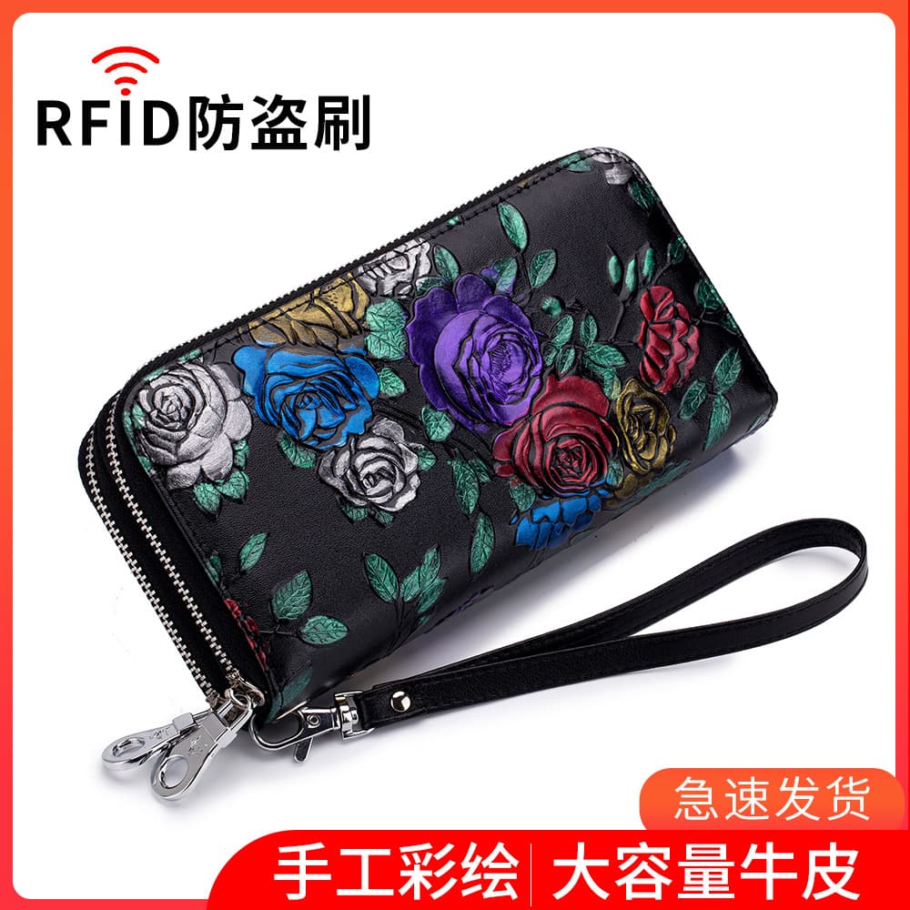 Double zipper large capacity wallet women's long leather multi-card slot rose money clip wallet women